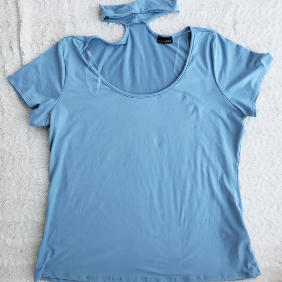 Plus Size Choker Scoop Neckline Blue Short Sleeve - Picture 3 of 5